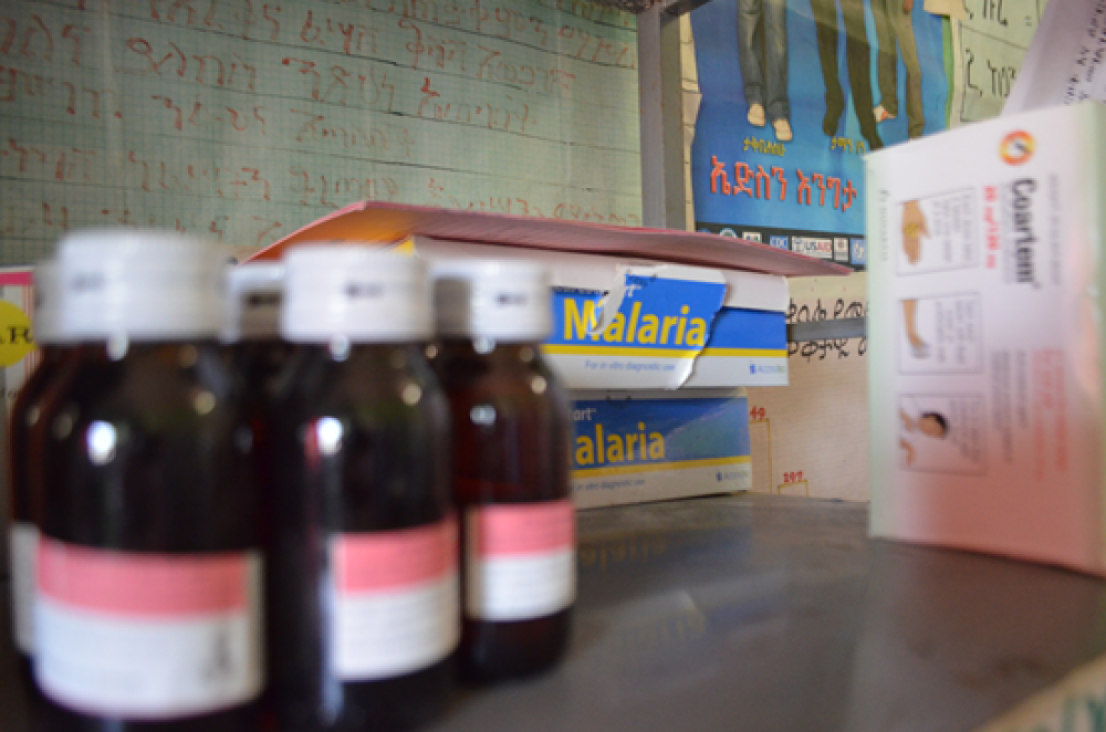 Stocks of anti-malaria drug Coartem at Galato Health Post, Halaba, Ethiopia