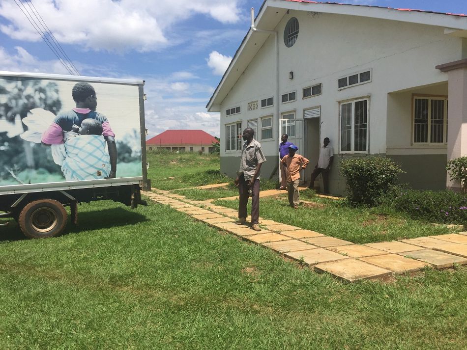 pThe truck arrives in Iyolwa Tororo district where it is welcomed by the Health Centre staff and parked to unload the bicyclesp