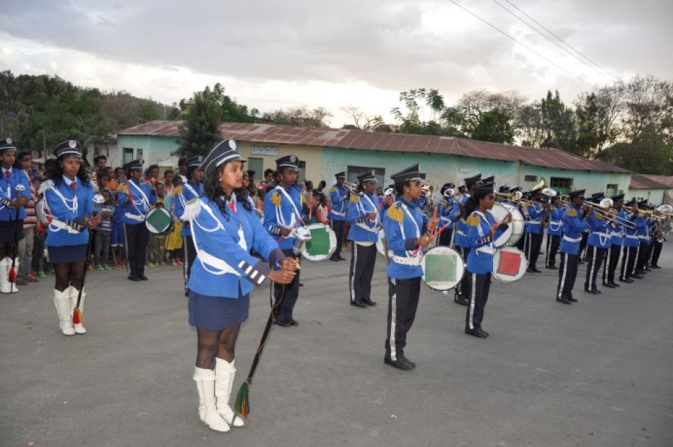pA marching band plays for World Malaria Day celebrationsp