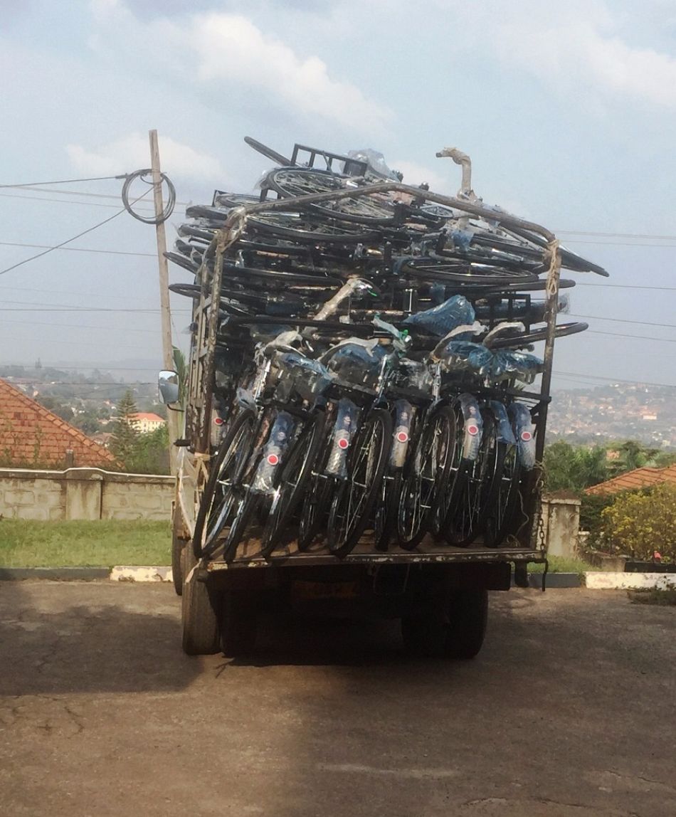 pA truck carrying 43 donated bicycles arrives at the Malaria Consortiums office in Kampalap