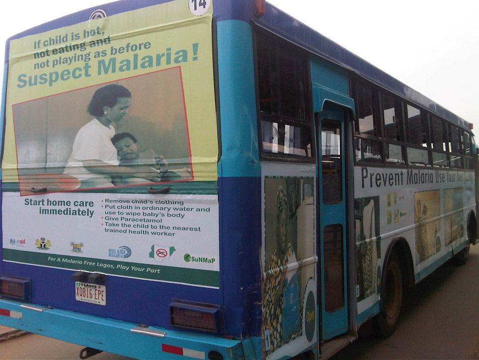 pIn Nigeria we promote health messages using a variety of platforms Our Support to National Malaria Programme SuNMaP funded by the UK government created demand for malaria services through radio jingles dramas television commercials posters and leaflets The photo above showing a Lagos bus is an example of some of the creative methods that we used to spread positive health messagesp