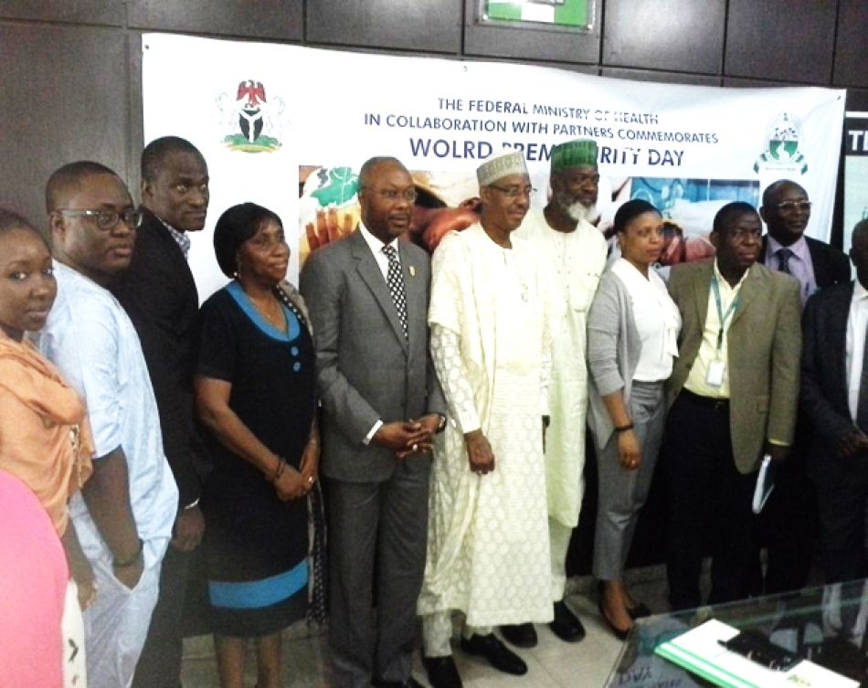 pThe Hon Minster FMOH Dr Khaliru Alhassan 6supthsup from left in native dress Permanent Secretary FMOH Mr Linus Awute 5tsuphsup from left and Director Child Health Dr Abosede Adeniran 4supthsup from left and representatives of partner organisations at the press briefing on World Pneumonia and Prematurity Day In Nigeria Nov 18 2014p