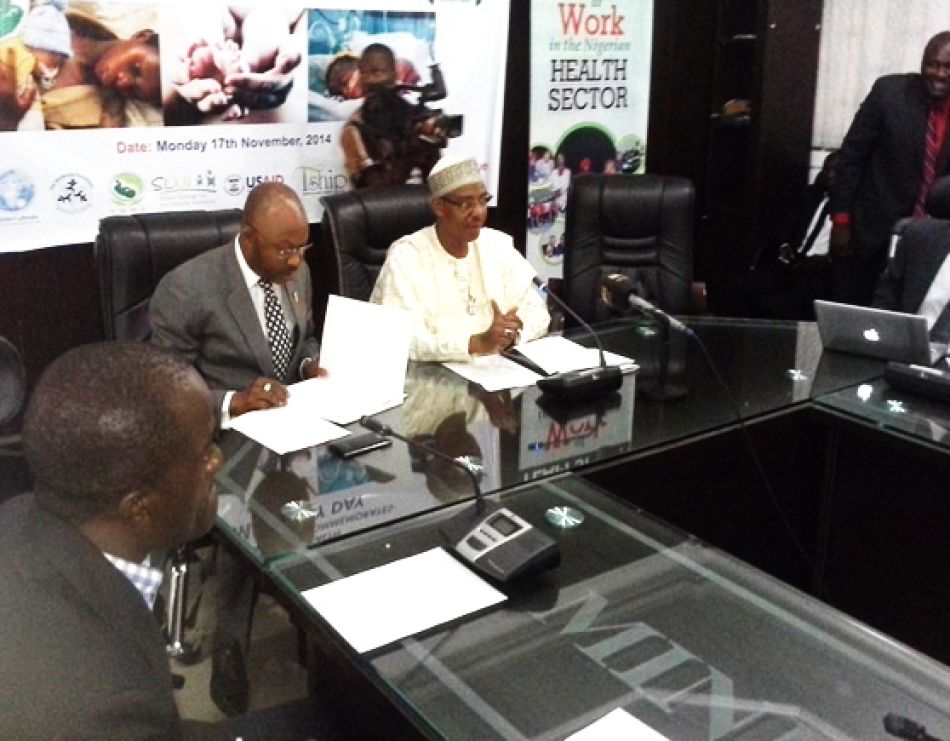 pThe Hon Minster FMOH Dr Khaliru Alhassan in native dress and thenbsp Permanent Secretary FMOH Mr Linus Awute at the press briefing on World Pneumonia and Prematurity Day In Nigeria Nov 18 2014p