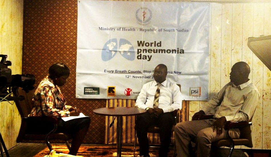 pDr Robert Lobor and Dr Justin Tongun on lsquoAsk A Doctorrsquo programme on South Sudan TV hosted by Dr Victoria Achut on 14supthsup112014 to discuss FAQs on pneumonia as part of MoHSouth Sudan activities to mark World Pneumonia DayppCopyright Ministry of HealthRepublic of South Sudanp