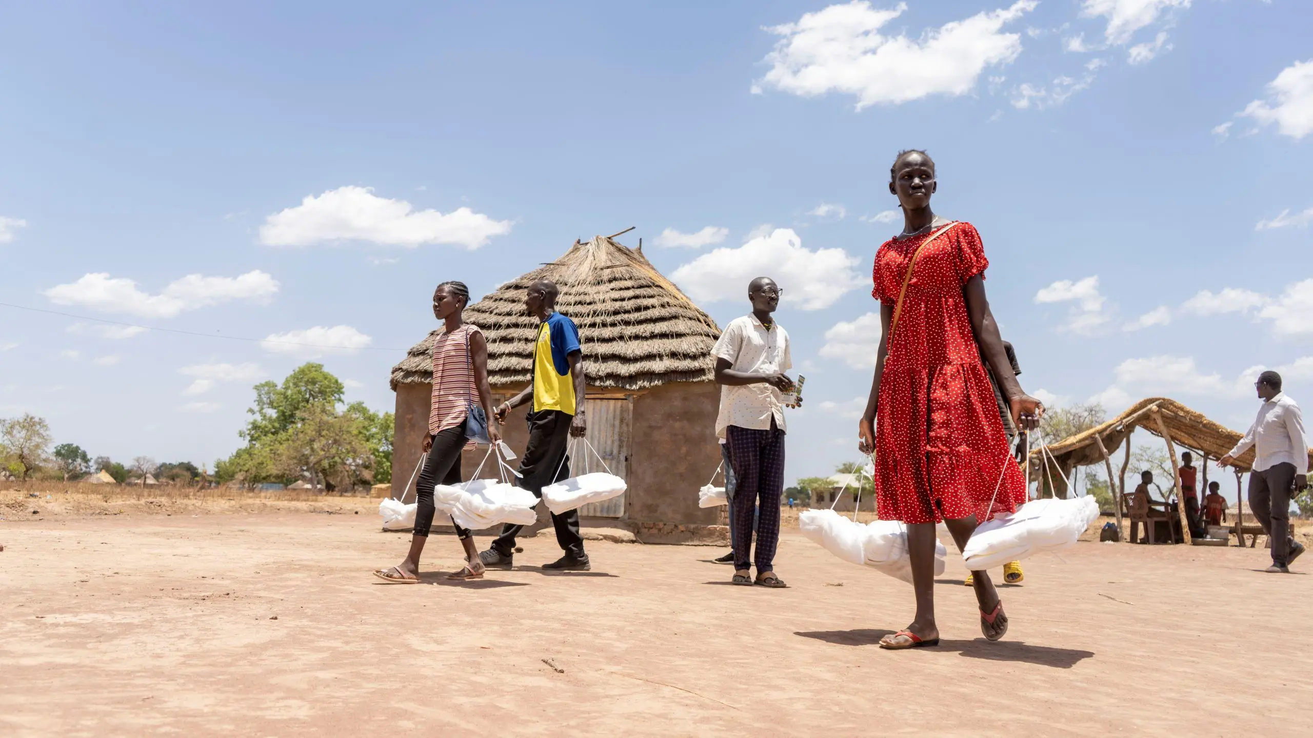 Volunteer registrars distribute nets as part of a long-lasting insecticidal net campaign in South Sudan