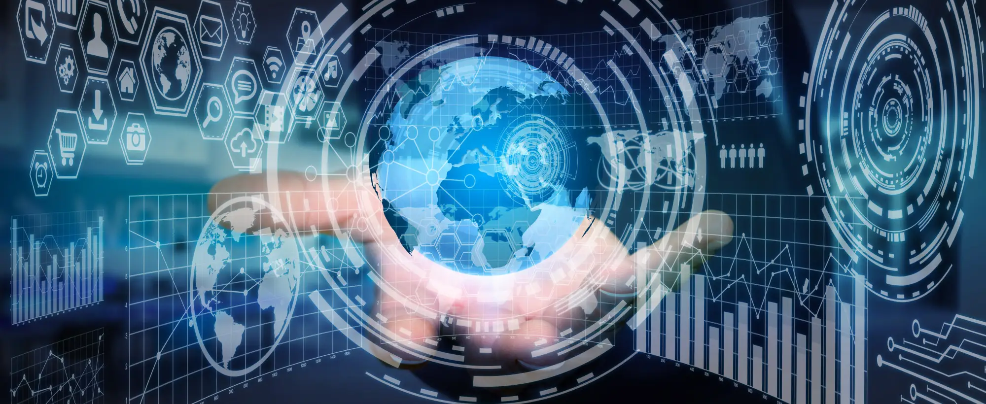 Businessman holding digital charts and globe