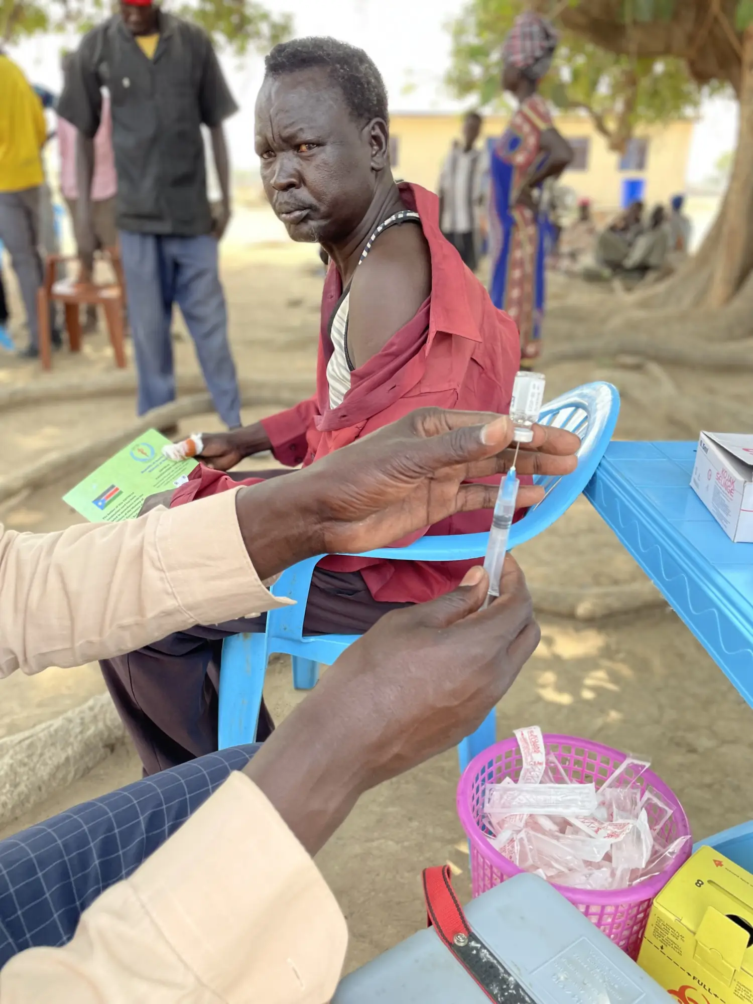A man received the COVID-19 vaccine in Aweil, South Sudan