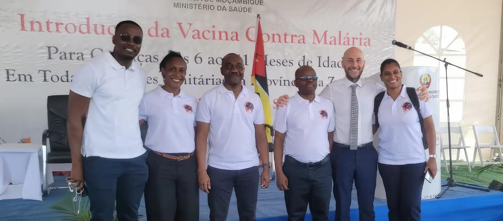 Helio Mucavele (PMI), Maria Rodrigues (Malaria Consortium), Baltazar Candrinho (National Malaria Control Programme), Gerito Augusto (World Vision), Donatto Guilino (PSI) and Melanie Picolo (Path) at the launch of the malaria vaccine rollout