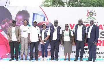 Stakeholders from Malaria Consortium, Uganda National Expanded Programme on Immunization, the World Health Organization, the National Malaria Control Division and the National Malaria Elimination Division (photo credit: WHO Uganda)