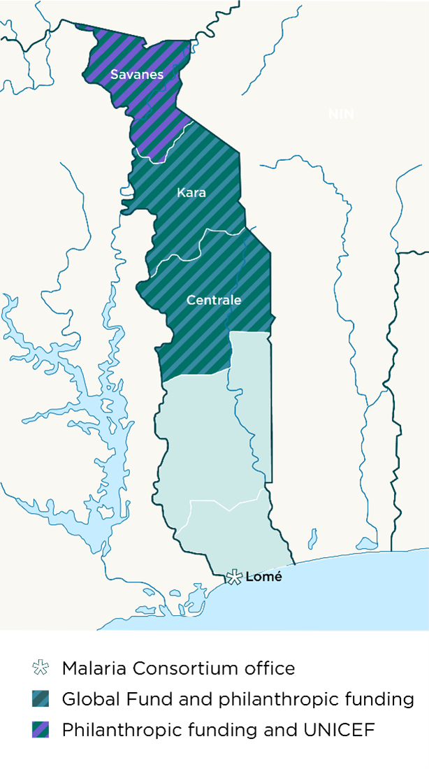 Map of Togo showing the Savanes, Kara and Centrale regions which are implementing seasonal malaria chemoprevention