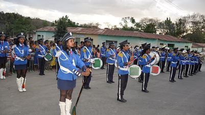 A marching band plays for World Malaria Day celebrations.
