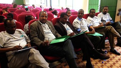 Regional Health Bureau management team members, guest of honor, partners heard, MC officials (Zelalem and Agonafer), etc (Advocacy workshop organized to observe 2014 WPD on Nov. 15, 2014 at Hawassa City)