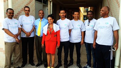 Malaria Consortium staff with a the PR officer in the regional health bureau, who developed the song script (Advocacy workshop organized to observe 2014 WPD on Nov. 15, 2014 at Hawassa City)