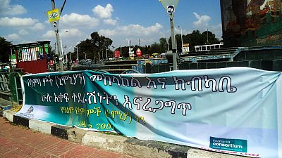 A banner displayed with 2014 the World Pneumonia Day theme at Hawassa Gabriel Square, Ethiopia.