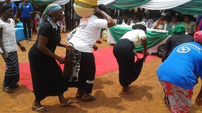 Community dance before the distribution of long lasting insecticide treated nets (LLINs) to pregnant women during one of the side events for World Malaria Day 2015 at Jikwoi, Nigeria. 