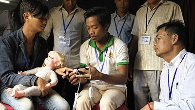 The health workers practiced using the devices by testing each other, and by conducting role plays with a life-size doll.Copyright Malaria Consortium/Peter Caton
