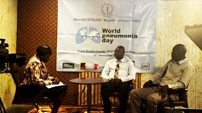 Dr. Robert Lobor and Dr. Justin Tongun on ‘Ask A Doctor’ programme on South Sudan TV, hosted by Dr. Victoria Achut on 14th/11/2014 to discuss FAQs on pneumonia, as part of MoH-South Sudan activities to mark World Pneumonia Day
Copyright: Ministry of Health-Republic of South Sudan